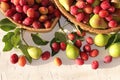 Pear and plum in the autumn sunny garden in baskets on a wooden background, top view, copy space, flat lay. Harvesting at the Royalty Free Stock Photo