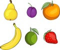 Pear, plum, orange, banana, lime and strawberry vector illustration. Raw vegan food. Fresh fruits. Royalty Free Stock Photo