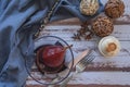 Pear with red wine served in a glass bowl in rustic presentation on a wooden table Royalty Free Stock Photo