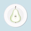 Pear ripe green, cut on half. healthy diet meal on plate. Vector illustration. Simple flat stock image. Tropical fruit on table,