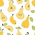 Pear seamless pattern. pear on fruit leaves. Summer background. Wallpaper, print, packaging, paper, textile design. doodle flat