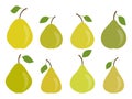 Pear set isolated on white background. Green pears with one leaf. Pears icon collection. Design for printing on fabric, banners