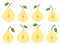 Pear set isolated on white background. Pear halves with one leaf. Cutaway pear icons collection. Design for printing on fabric,