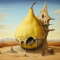 A pear shaped fruit with a house and a bike