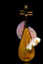 Chinese traditional musical instrument, pipa with white orchids on dark background