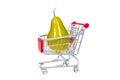 Pear in shopping cart isolated on white background Royalty Free Stock Photo