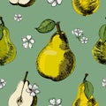 Pear sketch seamless pattern.Vintage ink hand drawn vector of different pears and flowers of pear on green background Royalty Free Stock Photo