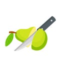 Pear. Sliced green fruit. Kitchen knife.