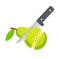 Pear. Sliced green fruit. Kitchen knife.
