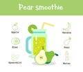 Pear smoothie recipe. Collection of tasty healthy drink in glass.