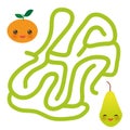 Pear and tangerine kawaii funny fruits, pastel colors on white background. labyrinth game for Preschool Children. Vector