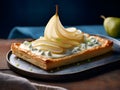 Pear tart. Home made pear and blue cheese cake with half poached pear slices. Tasty gourmet dish, healthy eating concept. Square Royalty Free Stock Photo