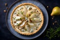 Pear tart top view. Home made pear and blue cheese pie with half poached pear slices. Tasty gourmet dish, healthy eating concept. Royalty Free Stock Photo