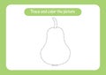 Pear. Trace and color the picture. Educational game for children. Handwriting and drawing practice. Food theme activity for