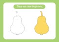 Pear. Trace and color the picture. Educational game for children. Handwriting and drawing practice. Food theme activity for