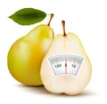 Pear with weight scale. Diet concept. Royalty Free Stock Photo
