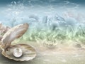 Pearl in shell underwater background