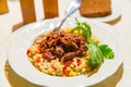 Pearl barley porridge with stew Royalty Free Stock Photo