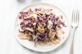 Pearl barley salad with roasted chicken pieces, red cabbage and lemon dressing Royalty Free Stock Photo