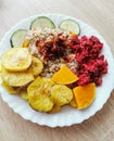 Pearl barley with soybeans, carrots, dried tomatoes. Baked potatoes, pumpkin and zucchini.