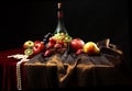 Pearl Beads Lie On The Edge Of The Table, Classic Dutch Still Life With Dusty Bottle Of Wine And Fruits On A Dark Background, Hori