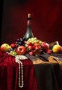Pearl Beads Lie On The Edge Of The Table, Classic Dutch Still Life With Dusty Bottle Of Wine And Fruits On A Dark Red Background,