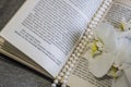 Pearl beads, orchid flowers, book