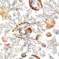 Pearl and coral seamless pattern. watercolor marine background