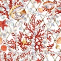 Pearl and coral seamless pattern. watercolor marine background