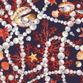 Pearl and coral seamless pattern. watercolor marine background