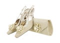 Pearl decorated gold shoes and purse