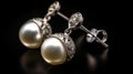 Pearl earring with silver detail, close-up. AI generated