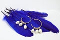 Pearl earrings on a blue feather Royalty Free Stock Photo