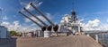 Pearl Harbor, Hawaii, USA - September 24, 2018: Panoramic shot of huge cannons and deck of USS Missouri docked in Pearl Harbor.