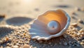 Pearl inside open seashell on sandy beach with soft warm light creating calm and serene atmosphere in closeup view Royalty Free Stock Photo