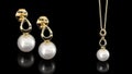 Pearl made jewelry rotating on black background. Pearl made ring, earring, necklace 3d render animation. Advertisements concept