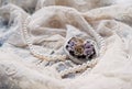 Pearl necklace and antique brooche on lace. Royalty Free Stock Photo