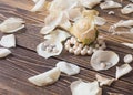 Pearl necklace with white flowers on woden background, macro Royalty Free Stock Photo