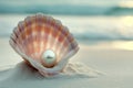 Pearl Nestled in Seashell on Beach at Sunset Royalty Free Stock Photo