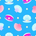 Pearl shell seamless pattern. Cartoon shells and pearls fabric print. Decorative underwater elements, marine jewelry