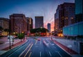 Pearl Street and modern buildings at sunset in downtown Hartford