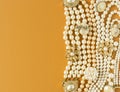 Pearls background. Woman`s Jewelry. Vintage jewelry background. Beautiful gold tone and pearls brooches, braceletes, necklaces an Royalty Free Stock Photo