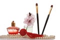 Pearls beads, perfume, two cosmetics brush Royalty Free Stock Photo