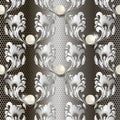 Pearls jewelry 3d Baroque lace vector seamless pattern. Textured lacy ornamental black and silver background. Repeat striped