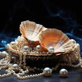 pearls and seashells in a copper bowl on a dark background