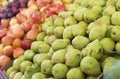 Pears, apples and plums on display at a farmer`s market. Fruit background. Healthy eating. Fall harvest agricultural Royalty Free Stock Photo