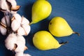 Pears on a blue background view from above