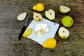 Pears and camembert cheese on a wooden surface. Royalty Free Stock Photo
