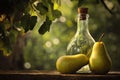 Pears with glass bottle on wooden table Royalty Free Stock Photo