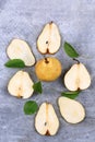 Pears on gray background view from above flat view of autumn